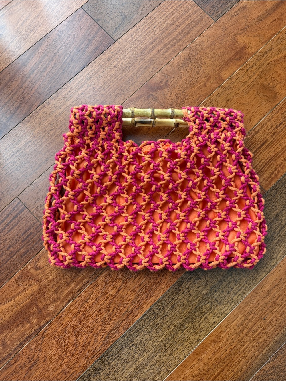 Handwoven Pink and Orange Crochet Tote with Bamboo Handle